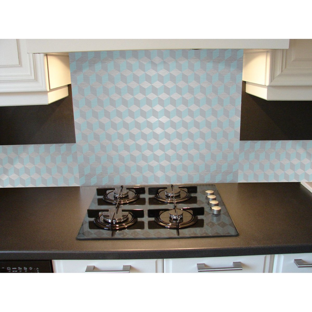 Crédence adhésive horizontale motifs cube en aluminium bleu, TOILINUX