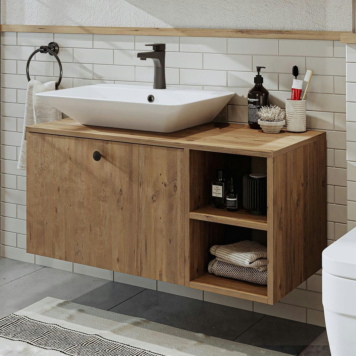 Meuble vasque suspendu 95 cm 1 tiroir ONDO pin, PIER IMPORT