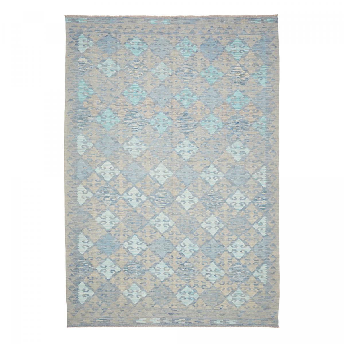 Tapis kilim au motif géométrique, tissé plat en laine, KILIM 55 bleu, beige, gris, UN AMOUR DE TAPIS