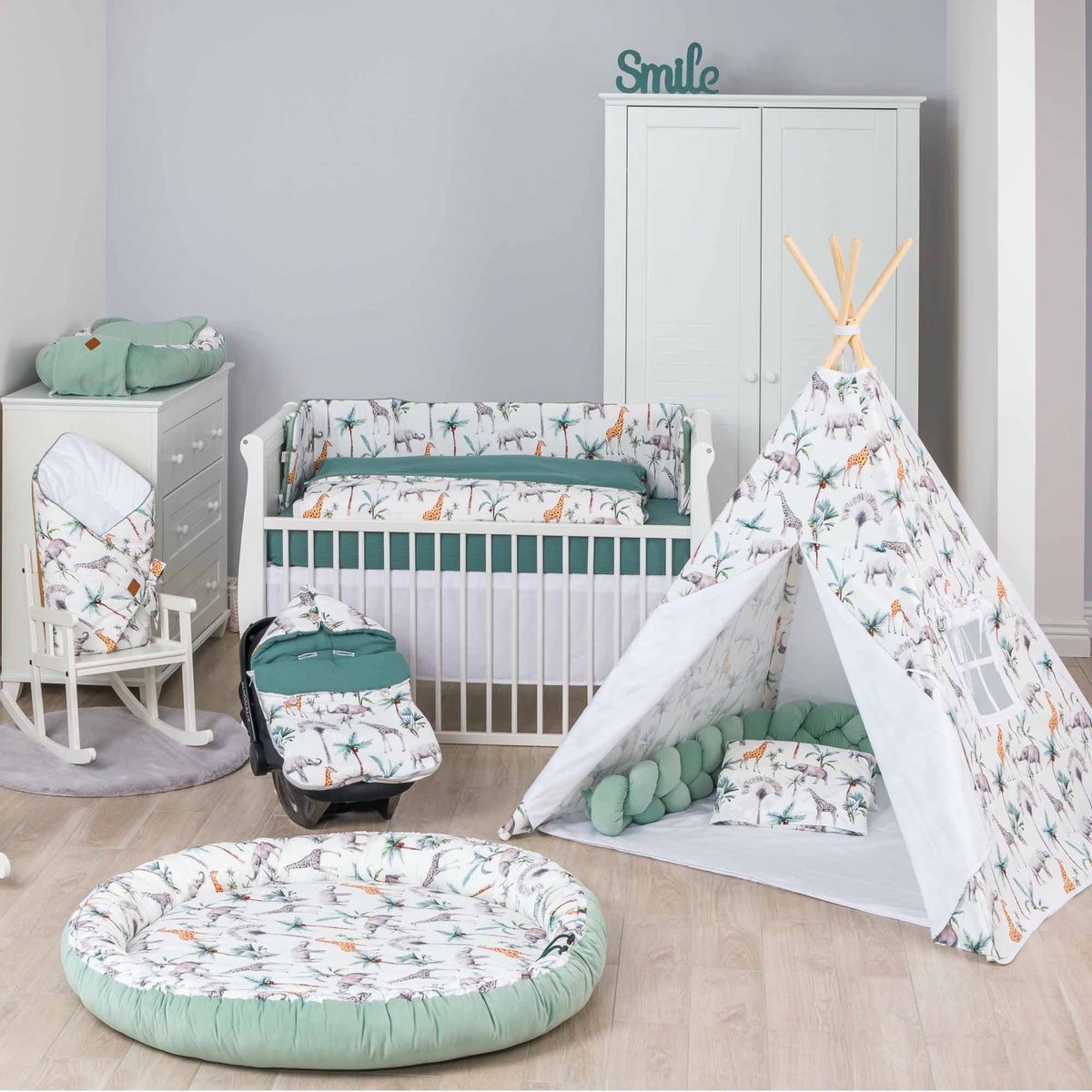 Coussin de maternité et d'allaitement + housse SAFARI safari, vert, gris, blanc, SEVIRA KIDS