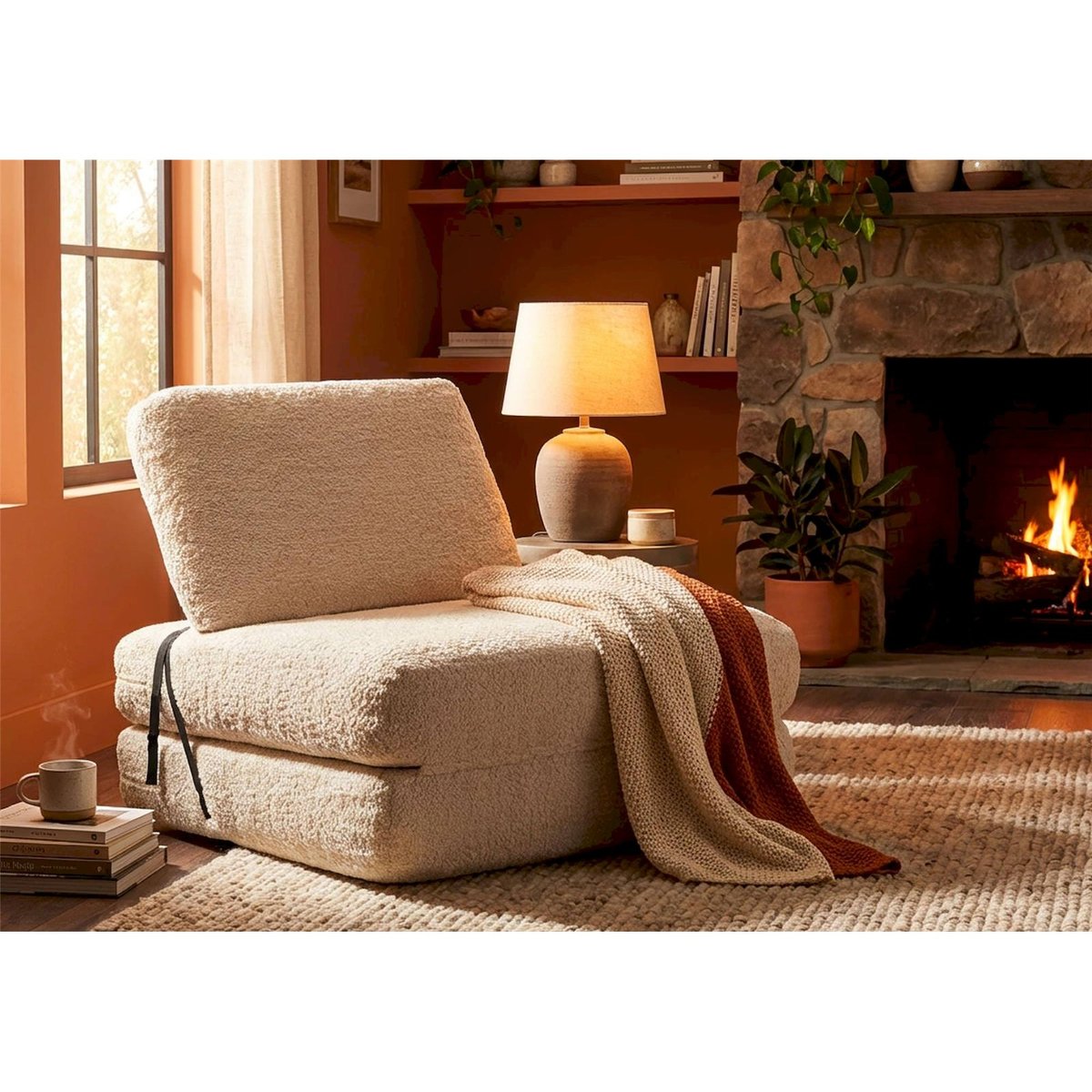 Fauteuil convertible compact bouclé MODERN blanc, RECOLLECTION