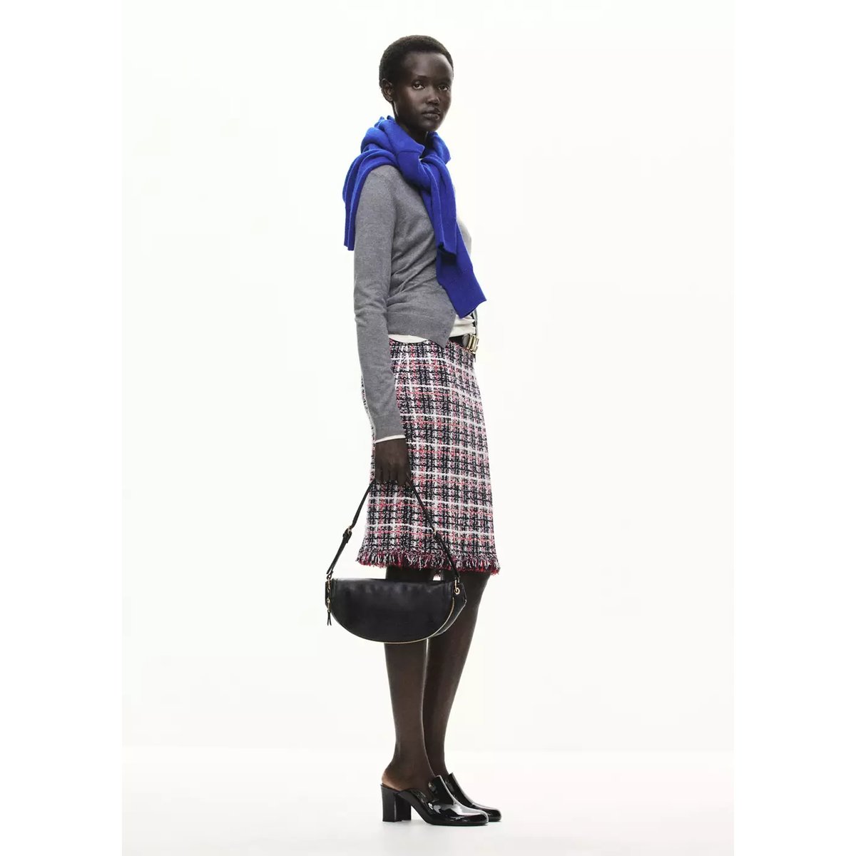 Jupe midi en tweed à carreaux avec détail de franges bleu marine, MANGO