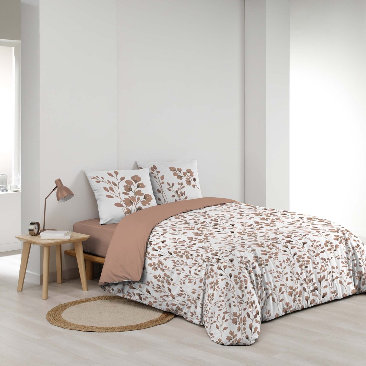 Parure de lit 3 pièces en coton à motif feuillage housse + taies rose, DOUCEUR D'INTÉRIEUR