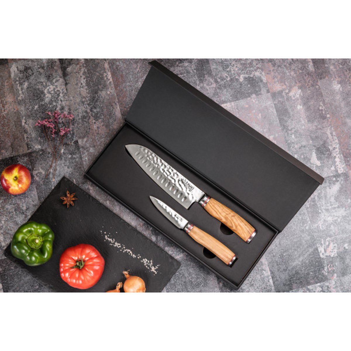 2 couteaux de cuisine Damas 10Cr en coffret élégant noir v002237, WUSAKI