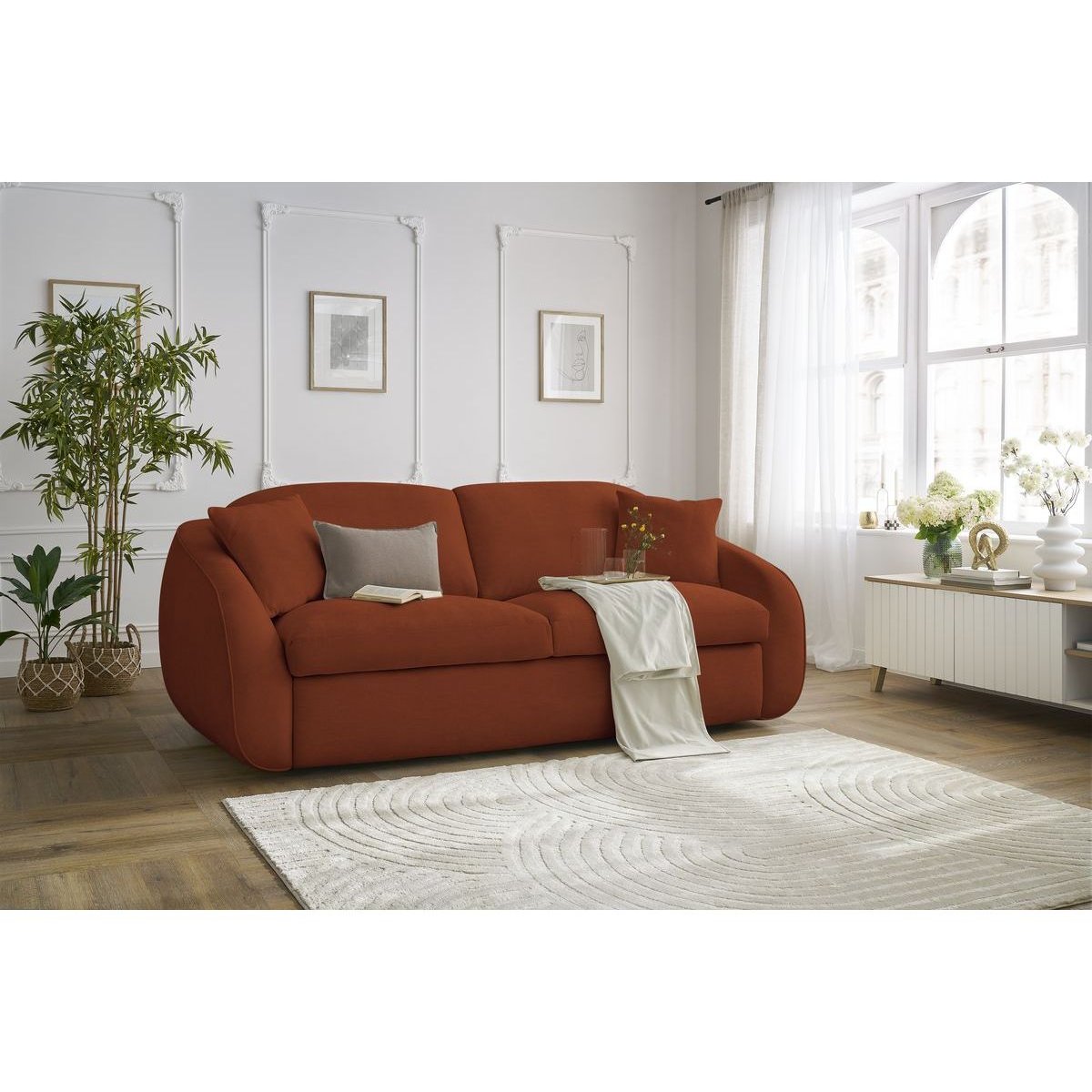 Canapé lit 3 places en tissu couchage 140x194 cm, CEZANNE orange, BOBOCHIC
