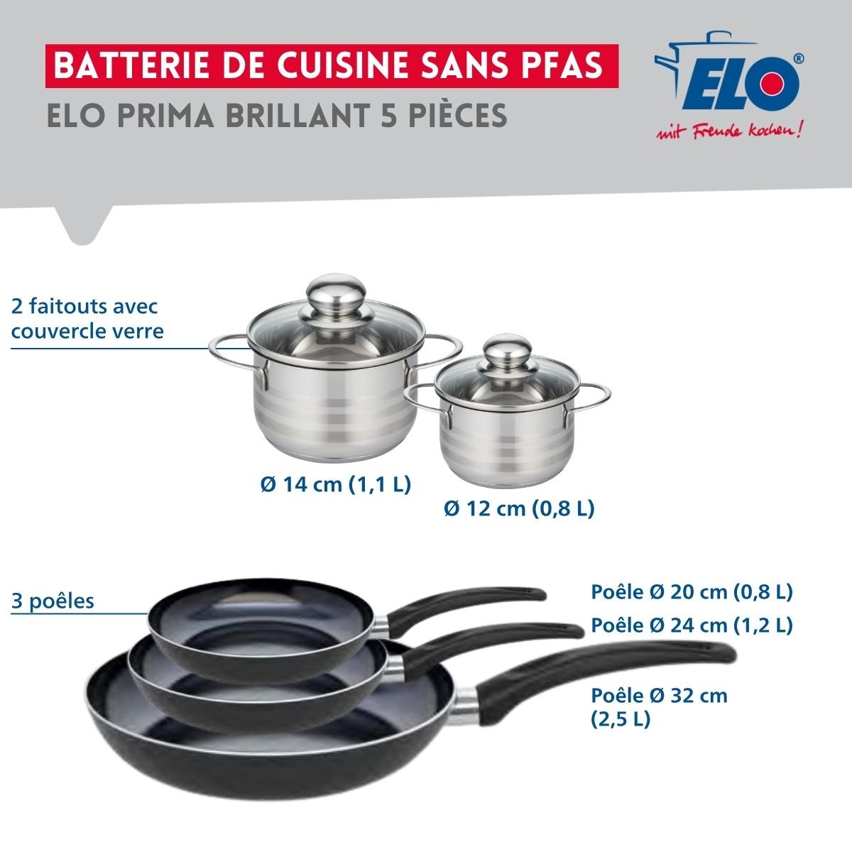 Batterie 3 poêles 20/24/32cm + 2 faitouts 12/14cm PRIMA BRILLANT noir, ELO