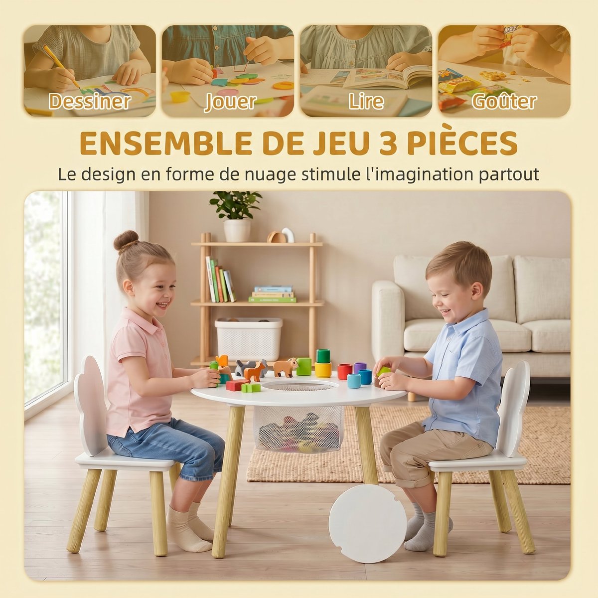 Ensemble table et chaises pour enfants MDF blanc, bois, AIYAPLAY