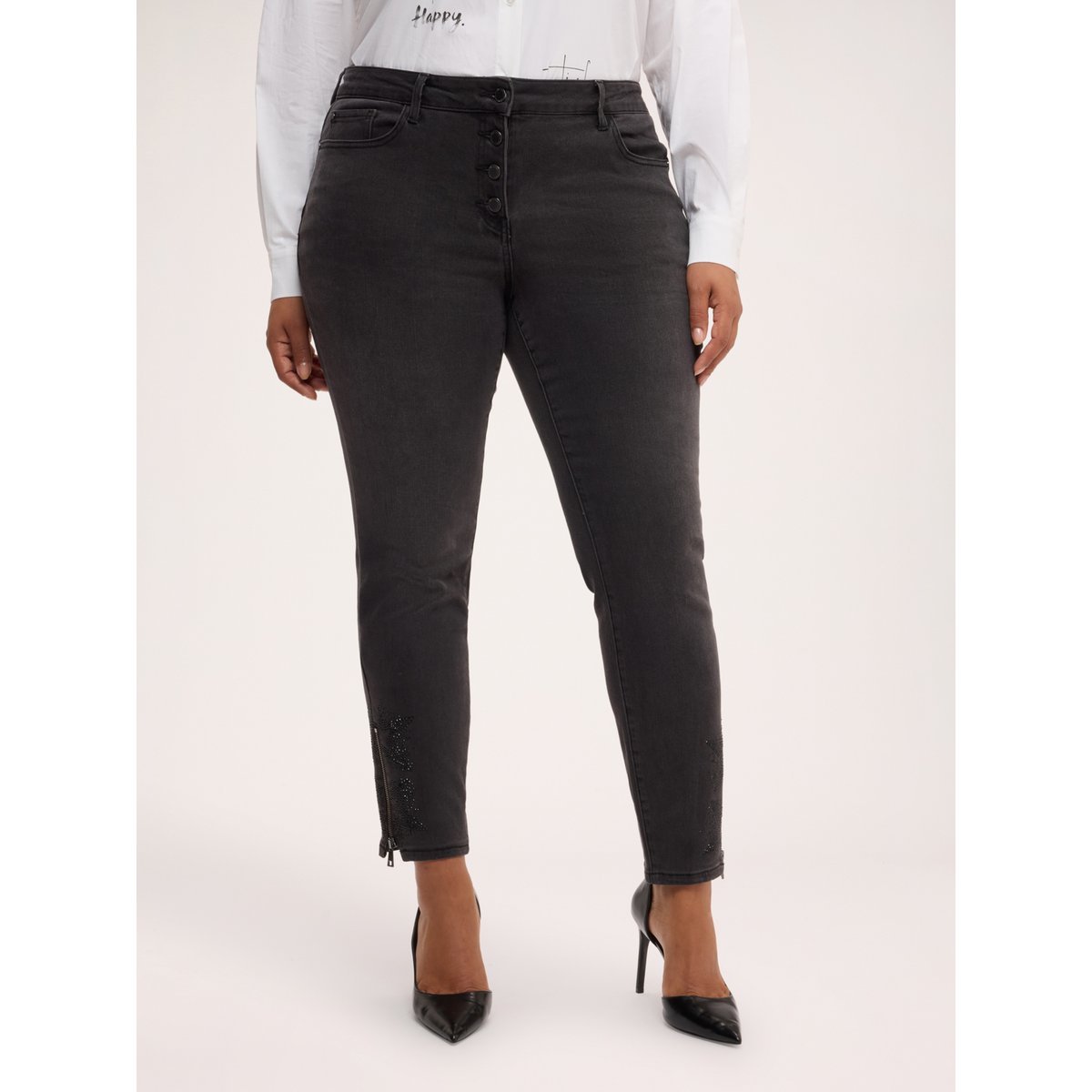 Jean court avec applications de strass gris, FIORELLA RUBINO