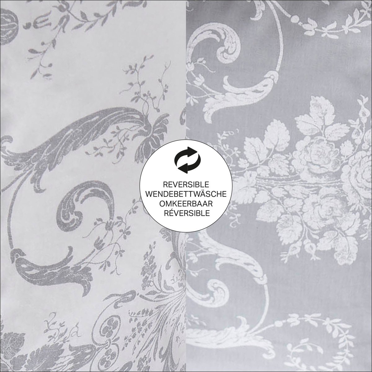 Parure de lit fleurie baroque damassé Josette Steel, housse de couette + 2 taies pour lit en 140 gris, LAURA ASHLEY