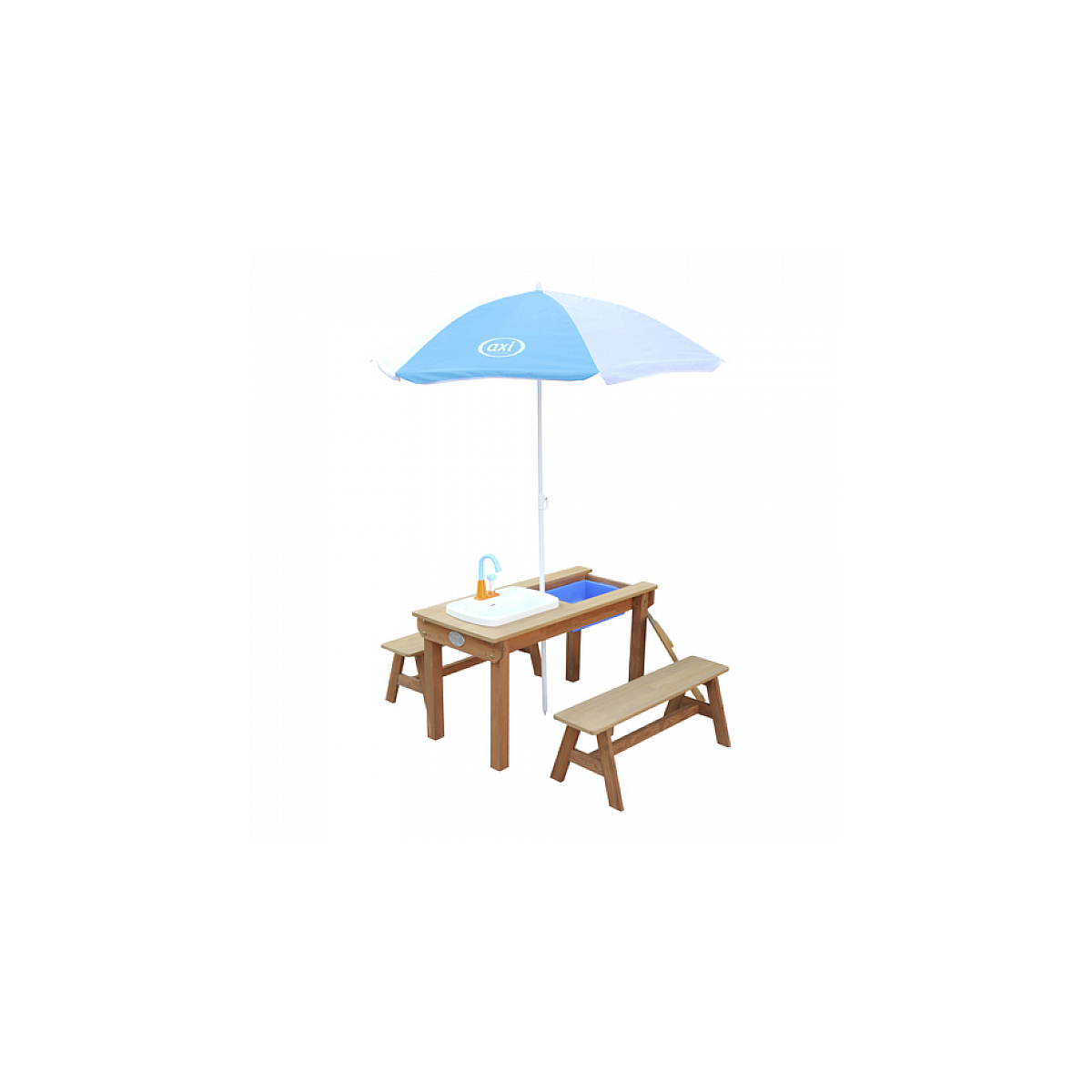 AXI Dennis Table sable et eau Picnic avec cuisine evier et banc Marron Parasol Bleu Blanc couleur unique, AXI HOUSE