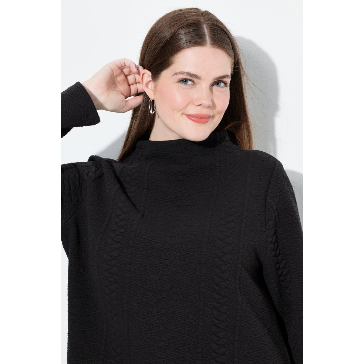 Sweat-shirt jacquard à col montant noir, ULLA POPKEN