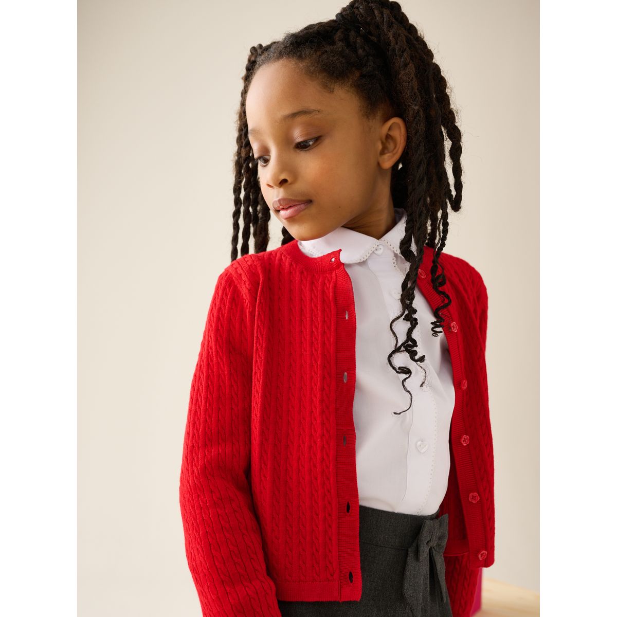Cardigan d’école en maille torsadée de coton rouge, NEXT