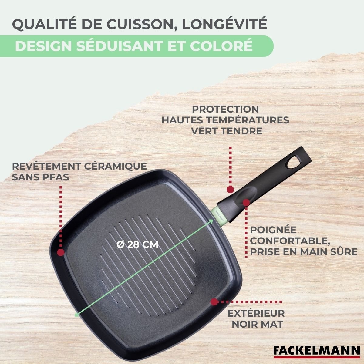 Gril 28 cm aluminium revêtement céramique antiadhésif BRANDAO vert,noir, FACKELMANN