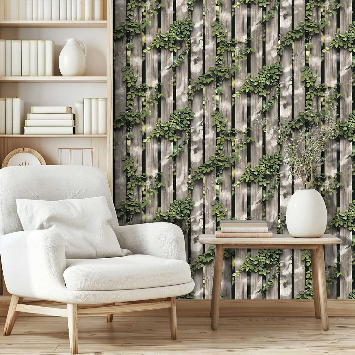 Papier peint clôture bois naturel avec feuillage grimpant gris, HEXOA