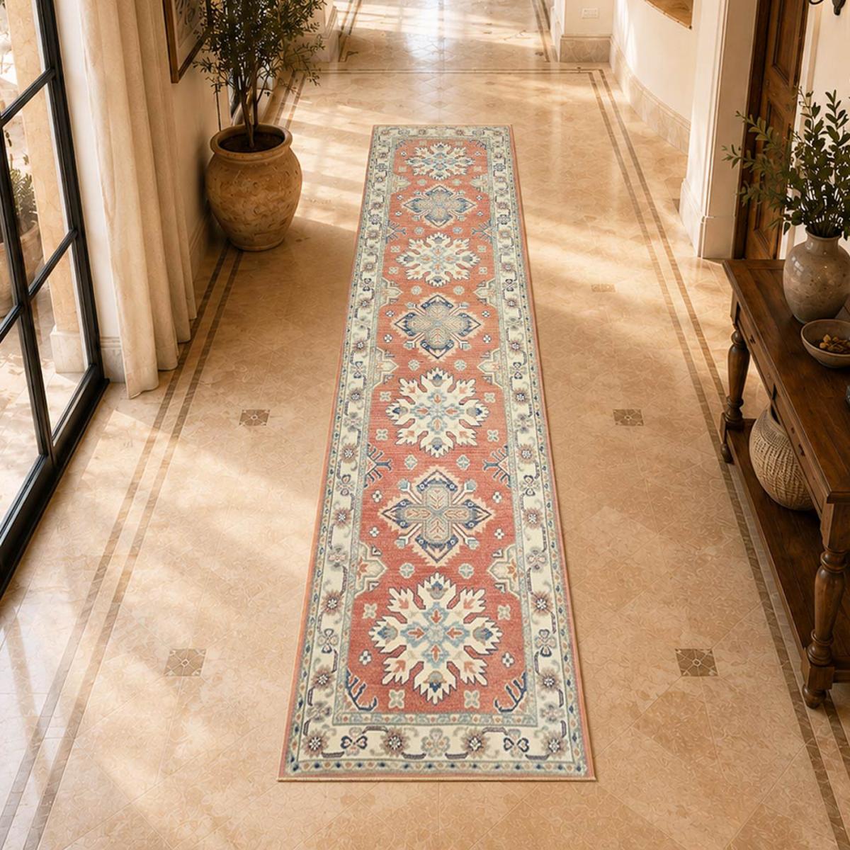 Tapis d'orient aux motifs géométriques, noué main, KAZAK CO 120 terracotta, crème, bleu, UN AMOUR DE TAPIS