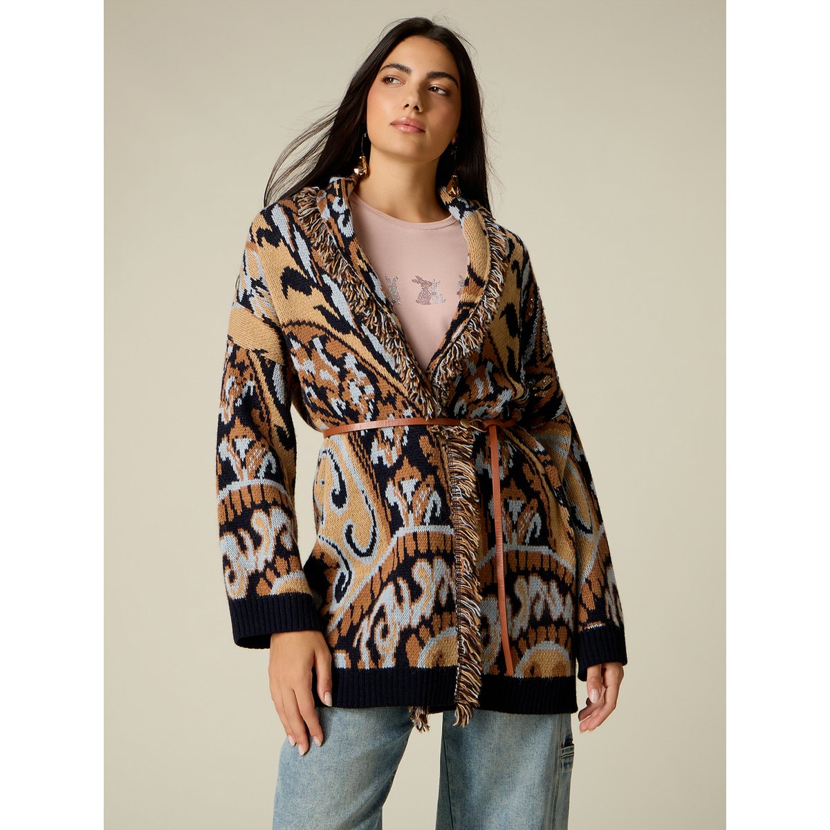 Cardigan long avec franges et cristaux beige, OLTRE