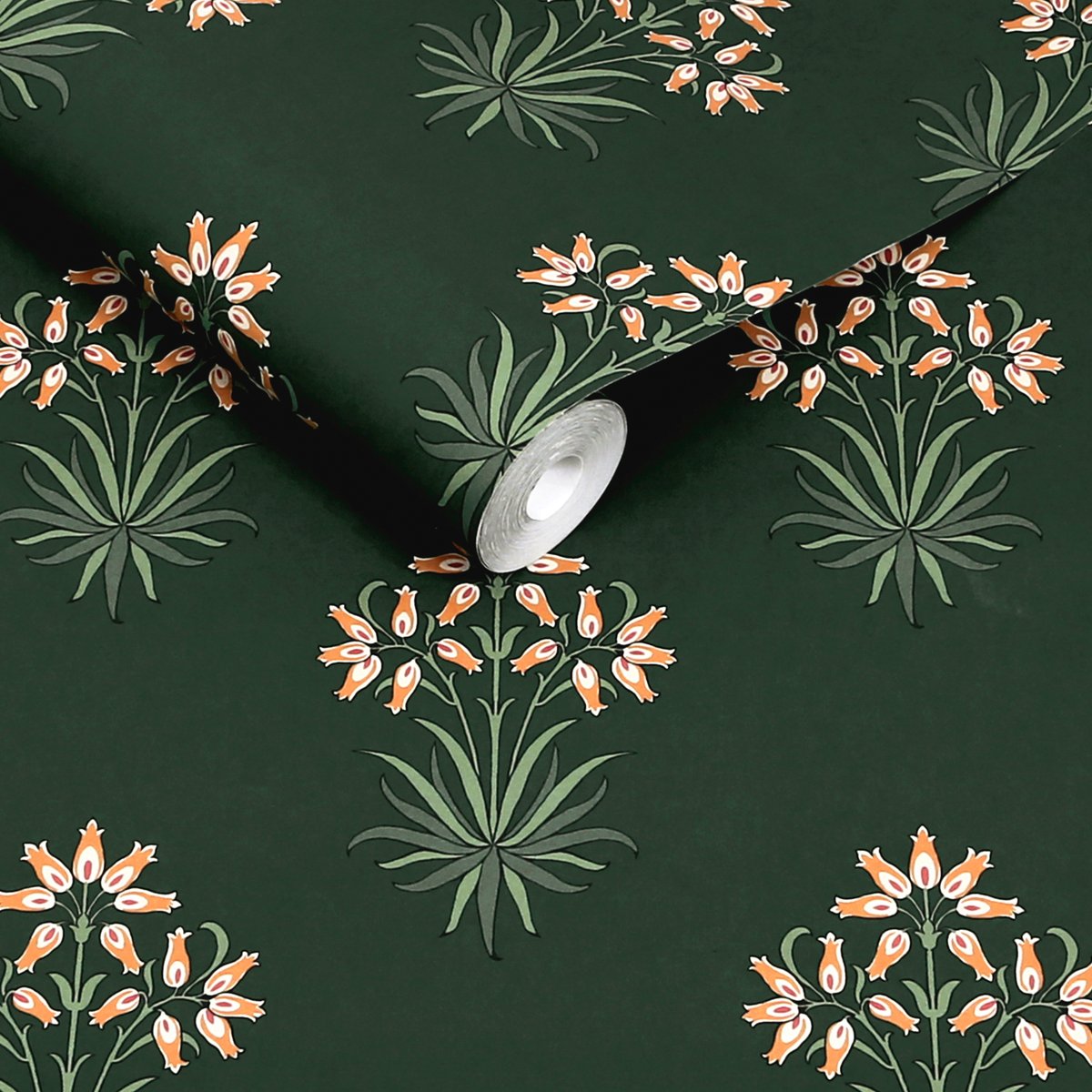 Papier peint fleuri Hyacinth Forest vert, corail, WILLIAM MORRIS AT HOME