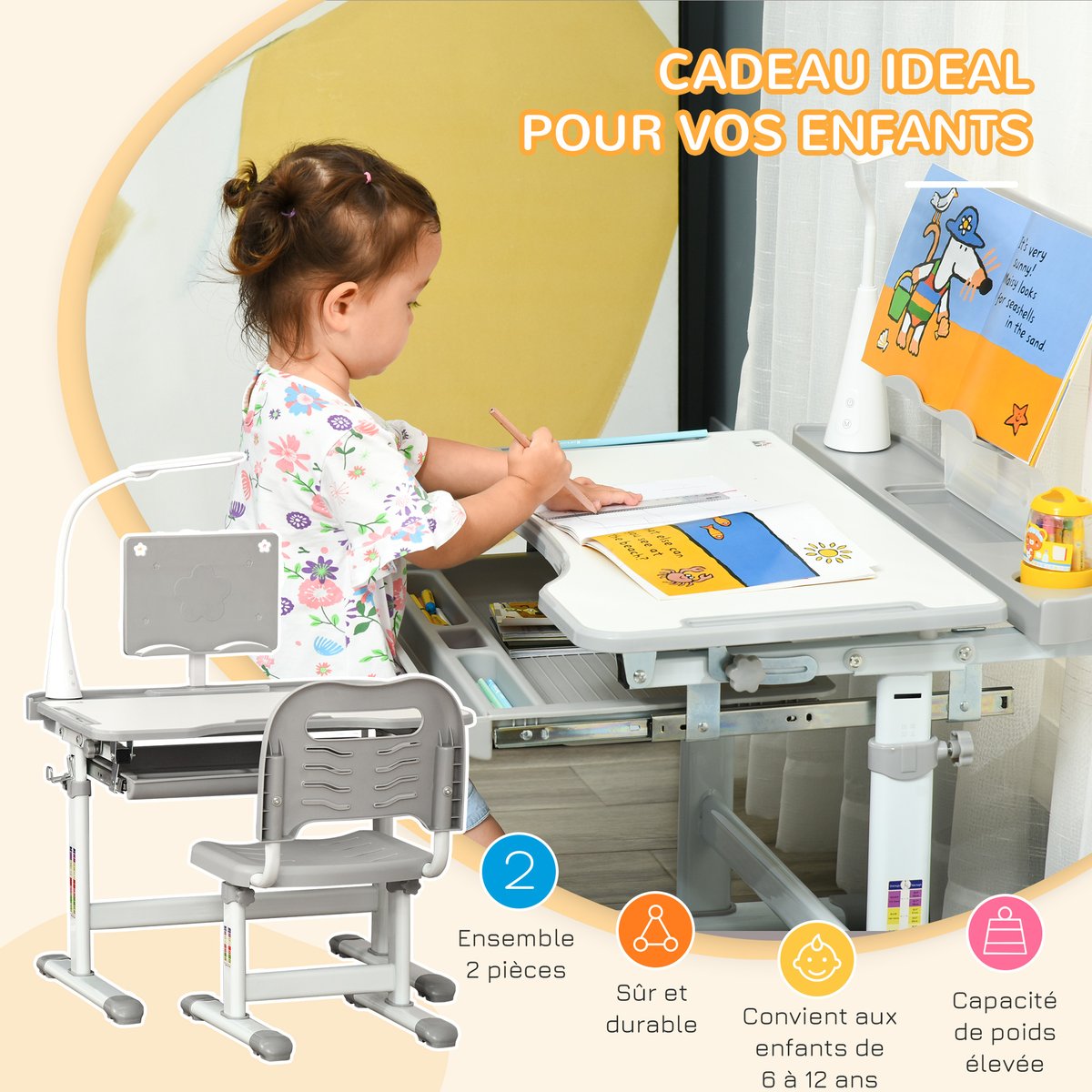 Bureau enfant chaise réglables lampe - KIDZDESK gris, HOMCOM