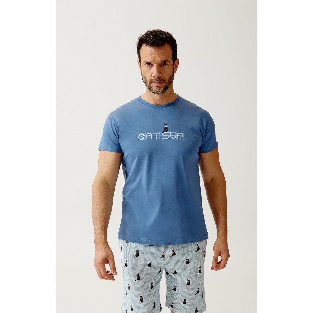 Pyjashort en jersey de coton léger imprimé Cat sup ciel, ARTHUR