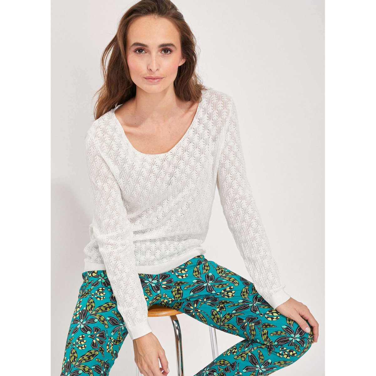 Pull maille ajourée col v BARNAT blanc white barnat, LA FIANCÉE