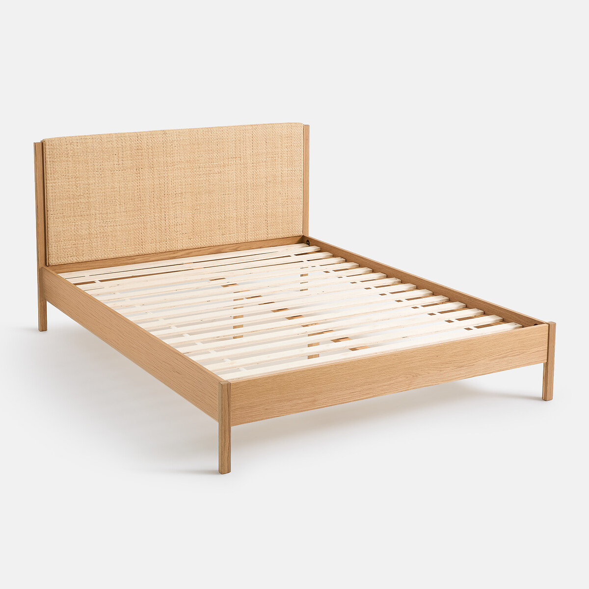 Bed met lattenbodem, eikenhout, eikenfineer en gevlochten rotan, ORA eikenhout, LA REDOUTE INTERIEURS