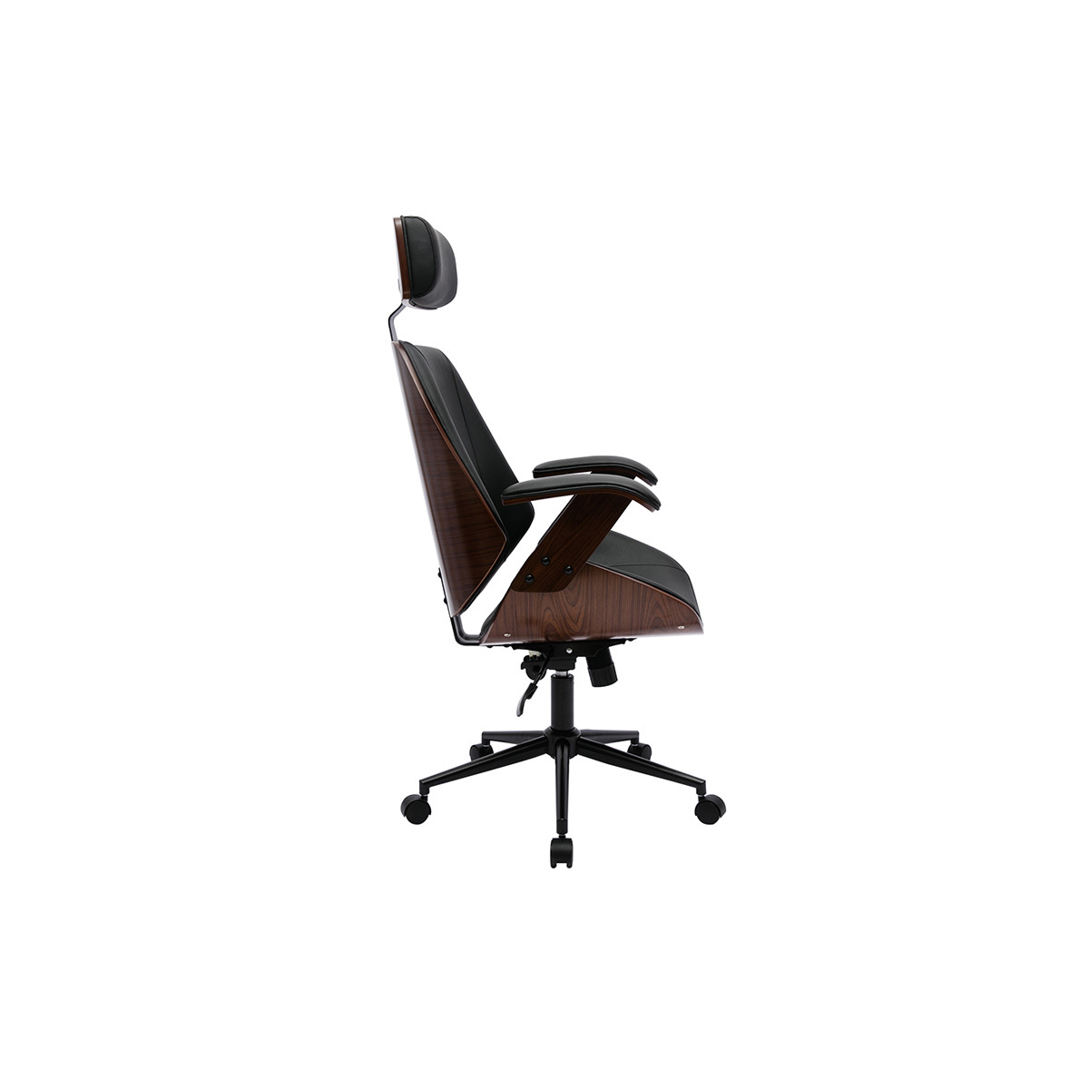 Fauteuil de bureau de direction design en tissu gris, bois clair et acier chromé MUSK noir, MILIBOO
