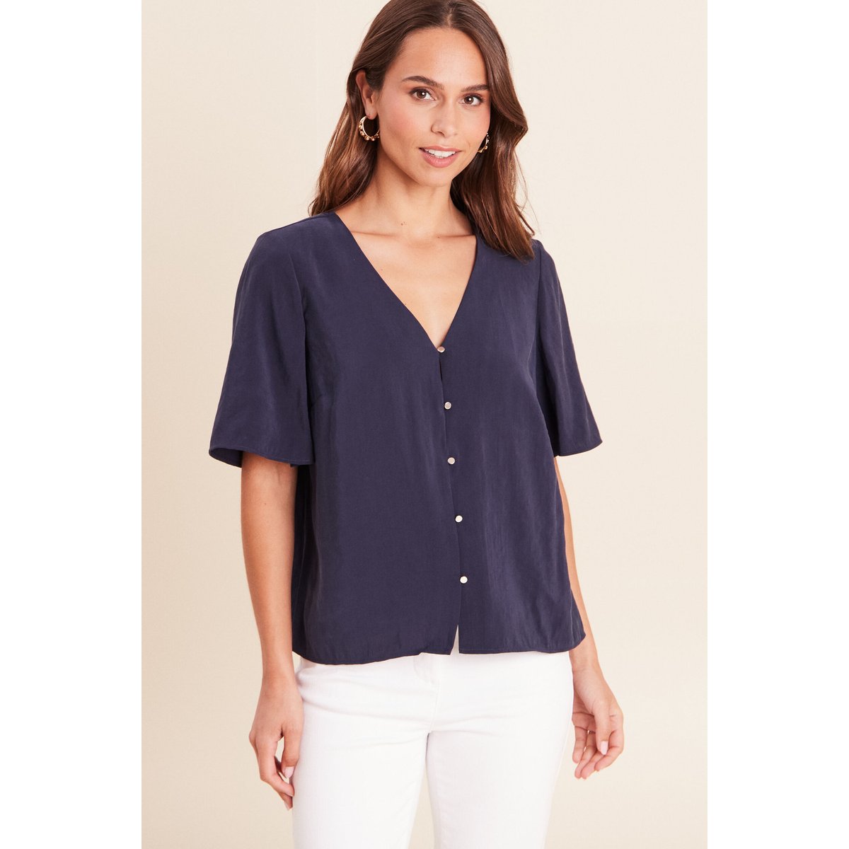Blouse ample col v manches courtes bleu marine, BREAL