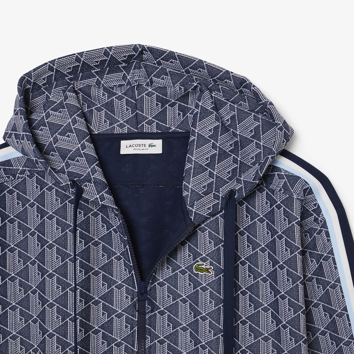 Hoodie in jacquard met monogram en ritssluiting marineblauw/wit, LACOSTE
