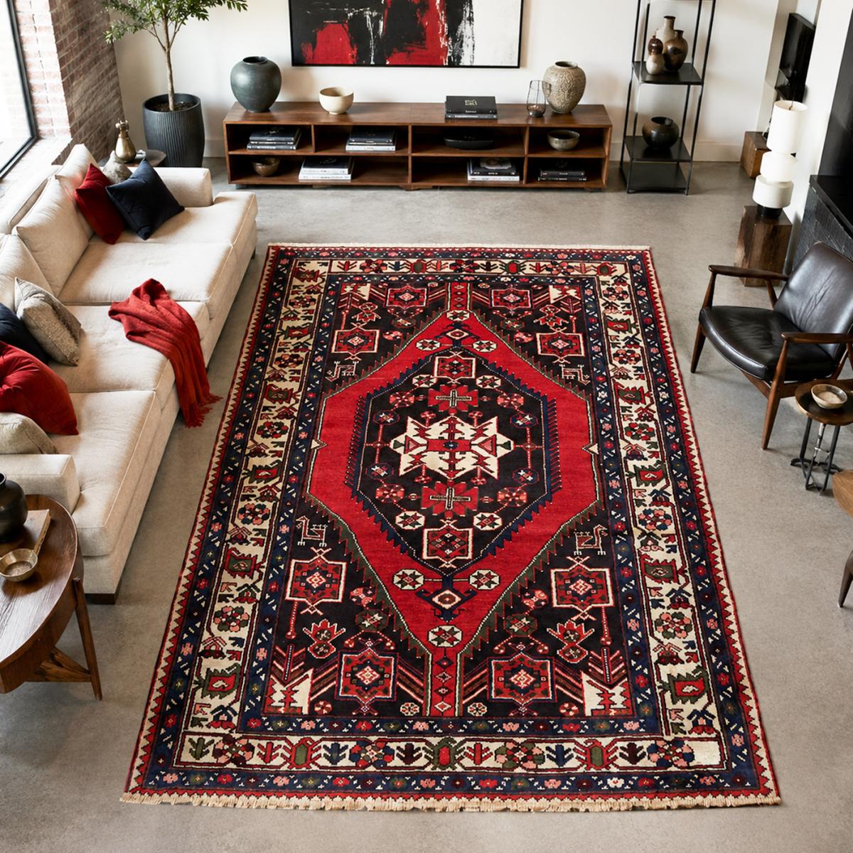 Tapis d'orient oriental, noué main en laine, HAMADAN 27 rouge, crème, noir, UN AMOUR DE TAPIS