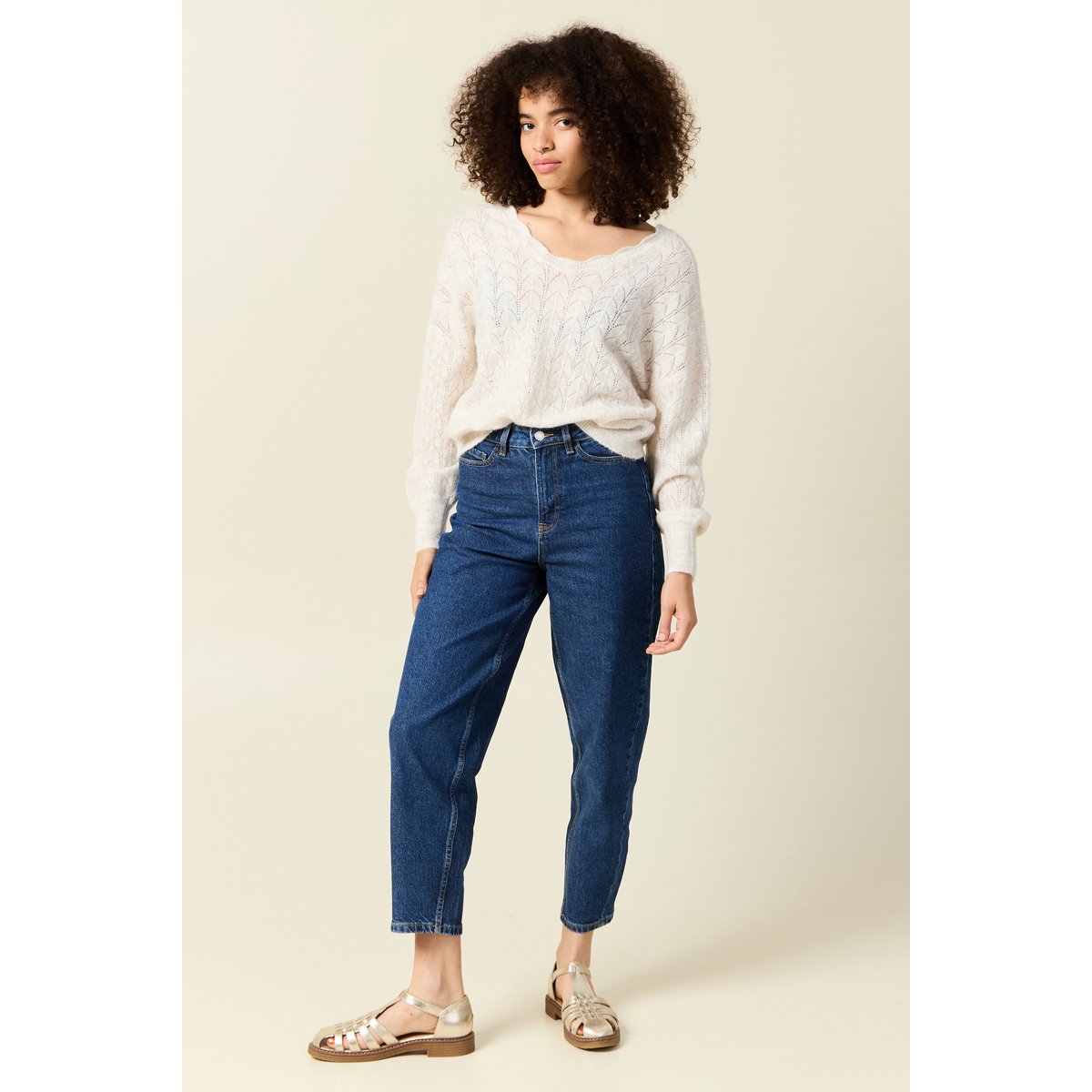 Gilet ajouré col V manches longues ecru, BONOBO