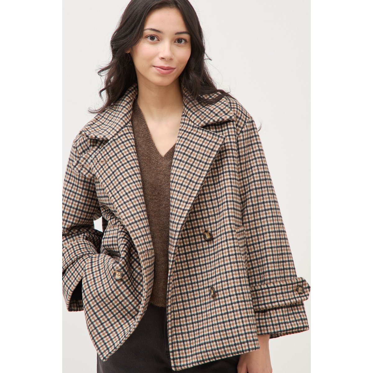 Caban oversize court col tailleur marron, BONOBO
