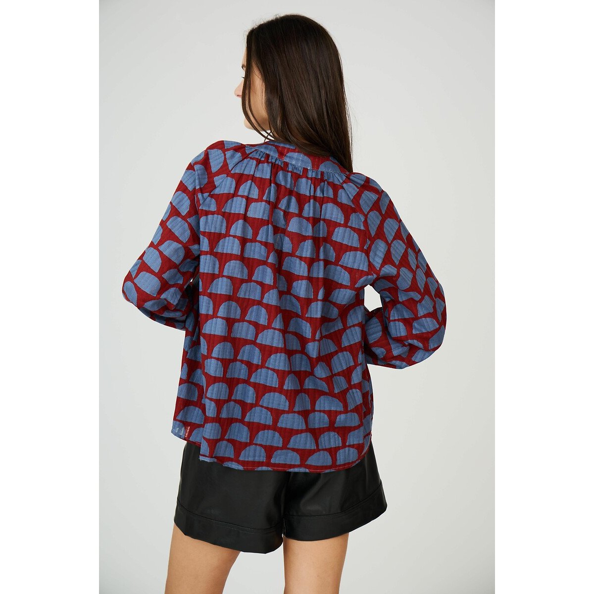 Graphic Print Cotton Blouse with V-Neck burgundy/blue, SEE U SOON