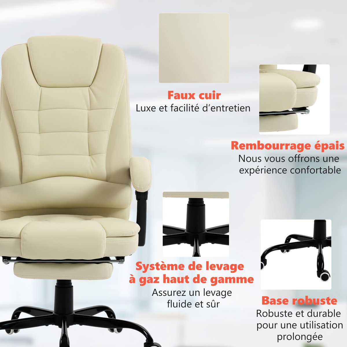 Fauteuil de bureau avec fonction massage beige, HOMCOM