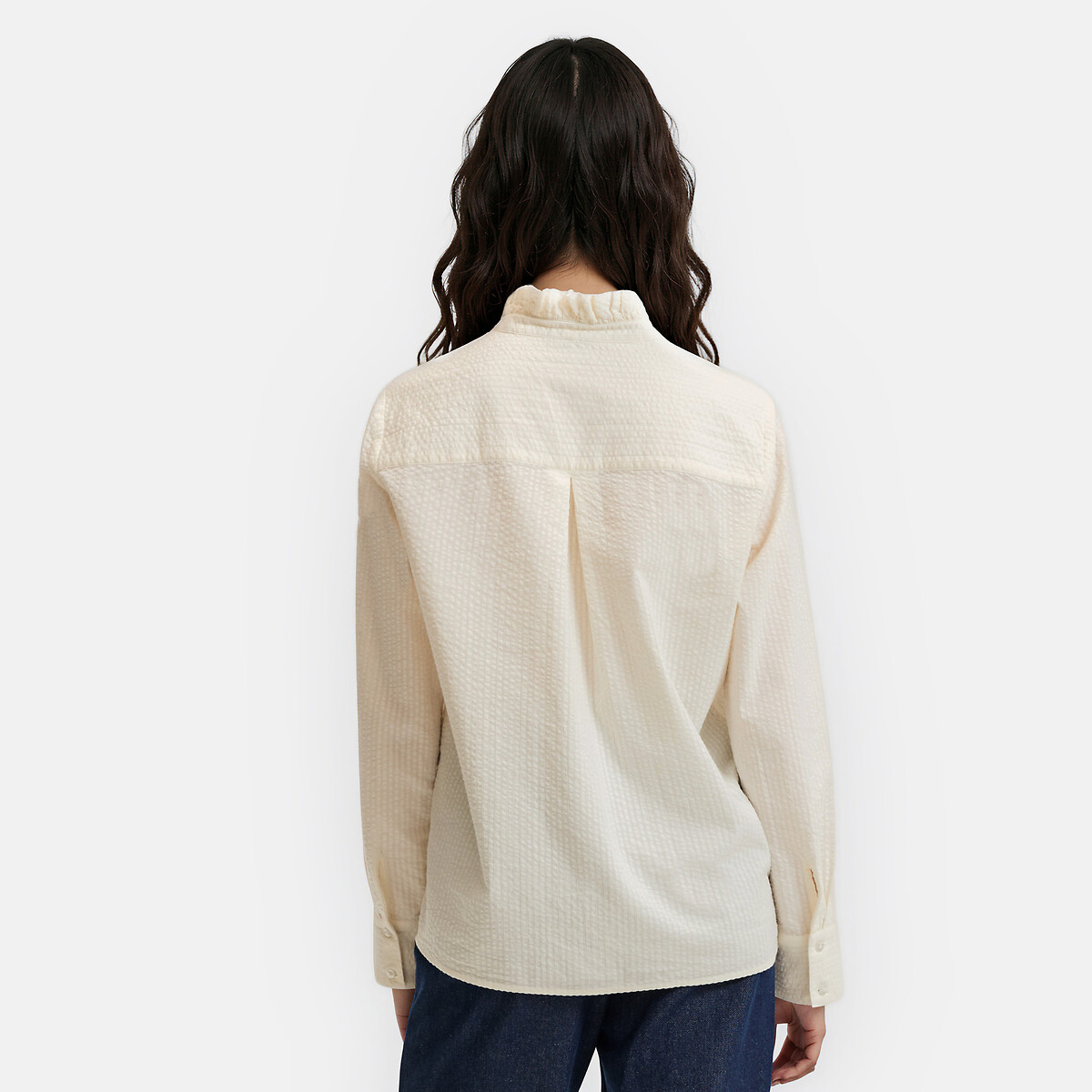 Blusa de manga larga con cuello volado, confeccionada en algodón seersucker crudo, LA REDOUTE COLLECTIONS