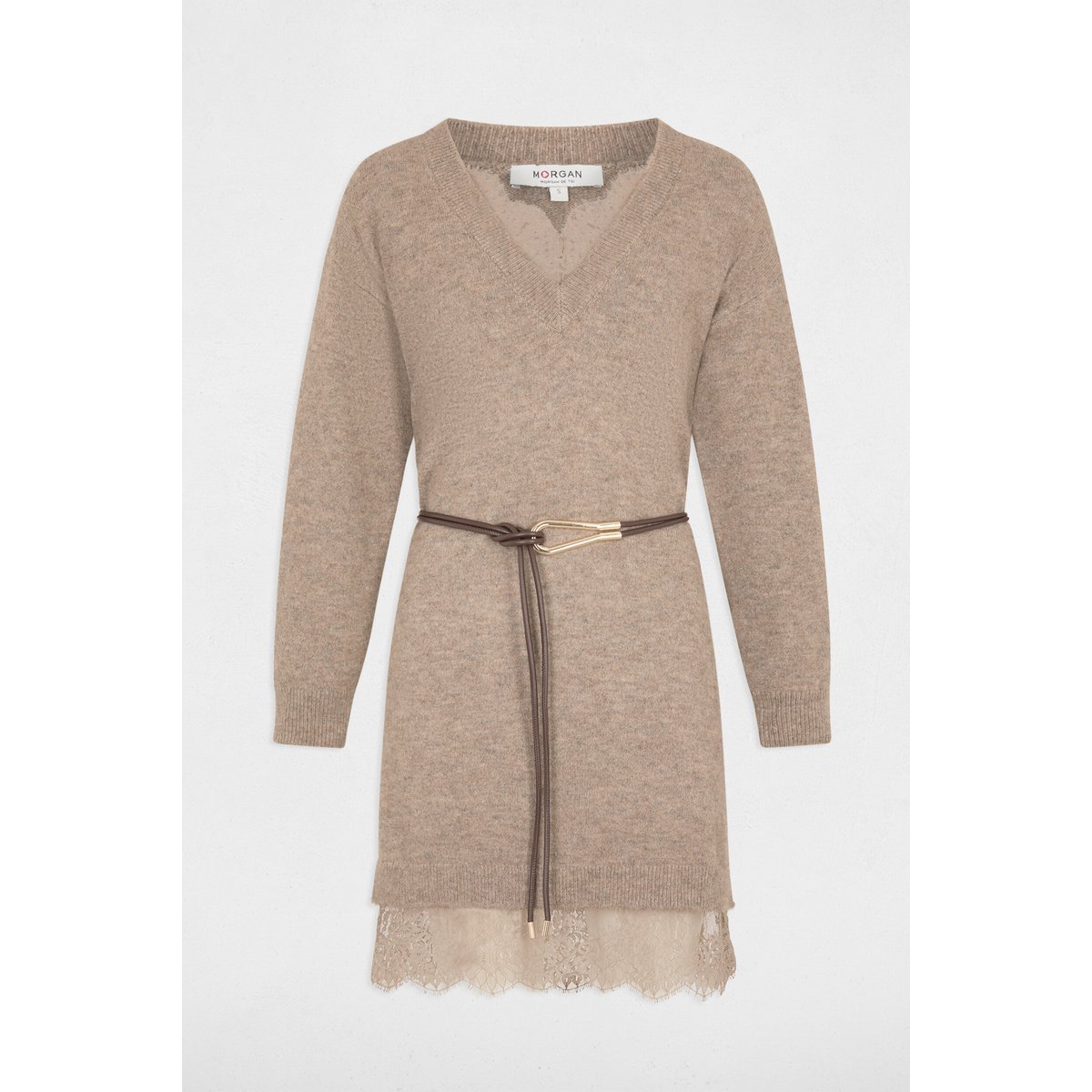 Robe tricot col v taupe, MORGAN