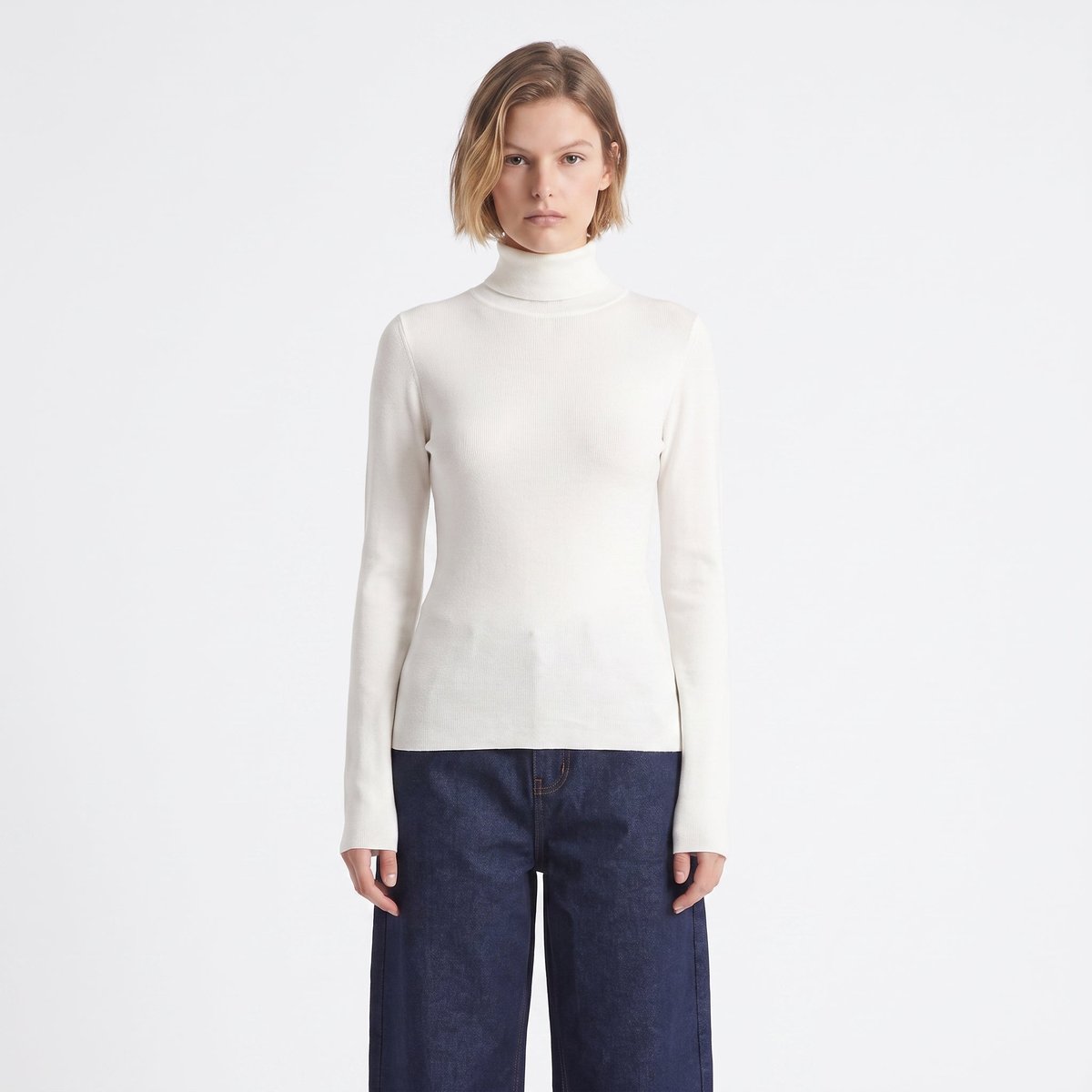 Pull col roulé ajusté femme en maille côtelée CALINE cream, ARTLOVE