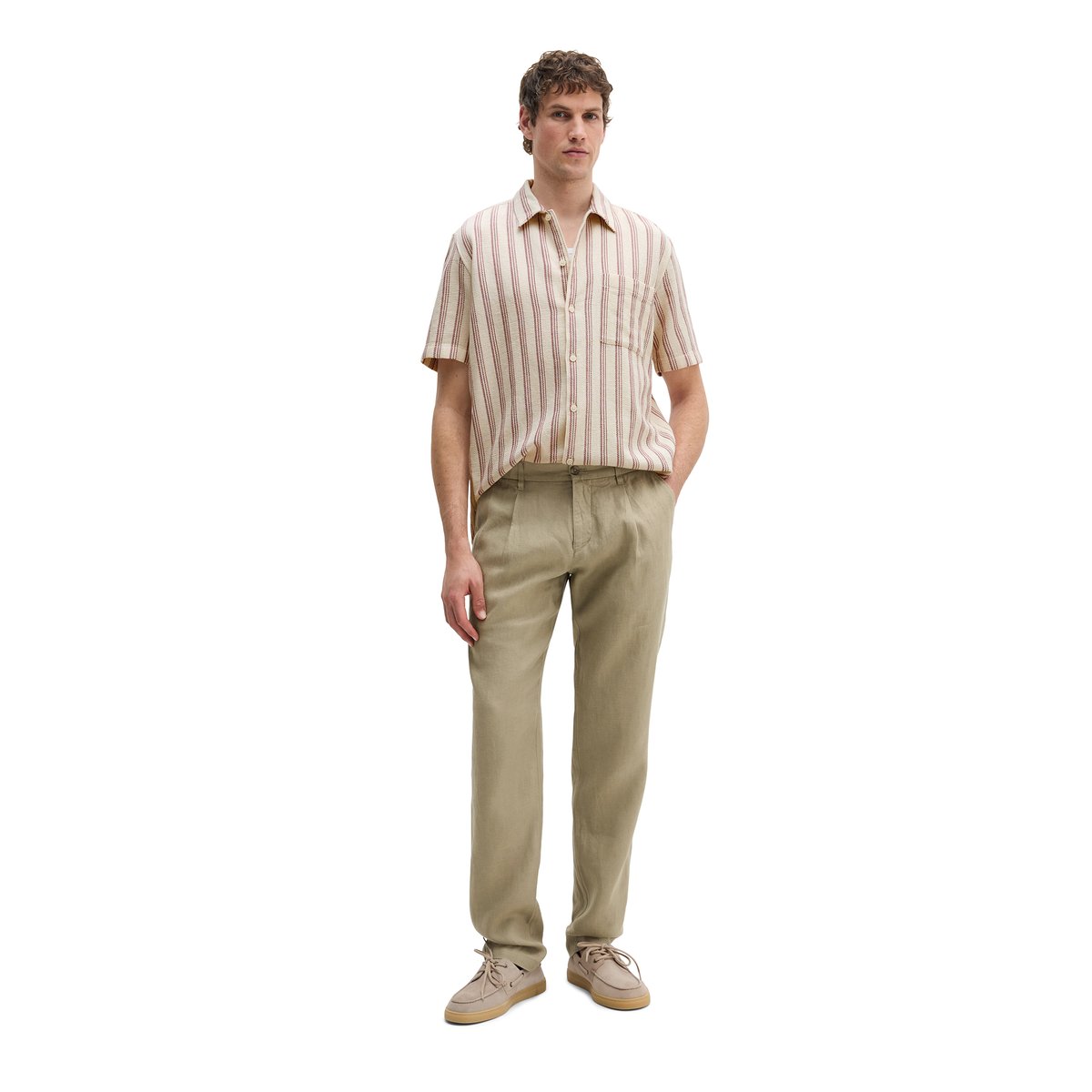 Pantalon en lin modèle Osby Jogger pleats avec ceinture élastique beige, MARC O'POLO