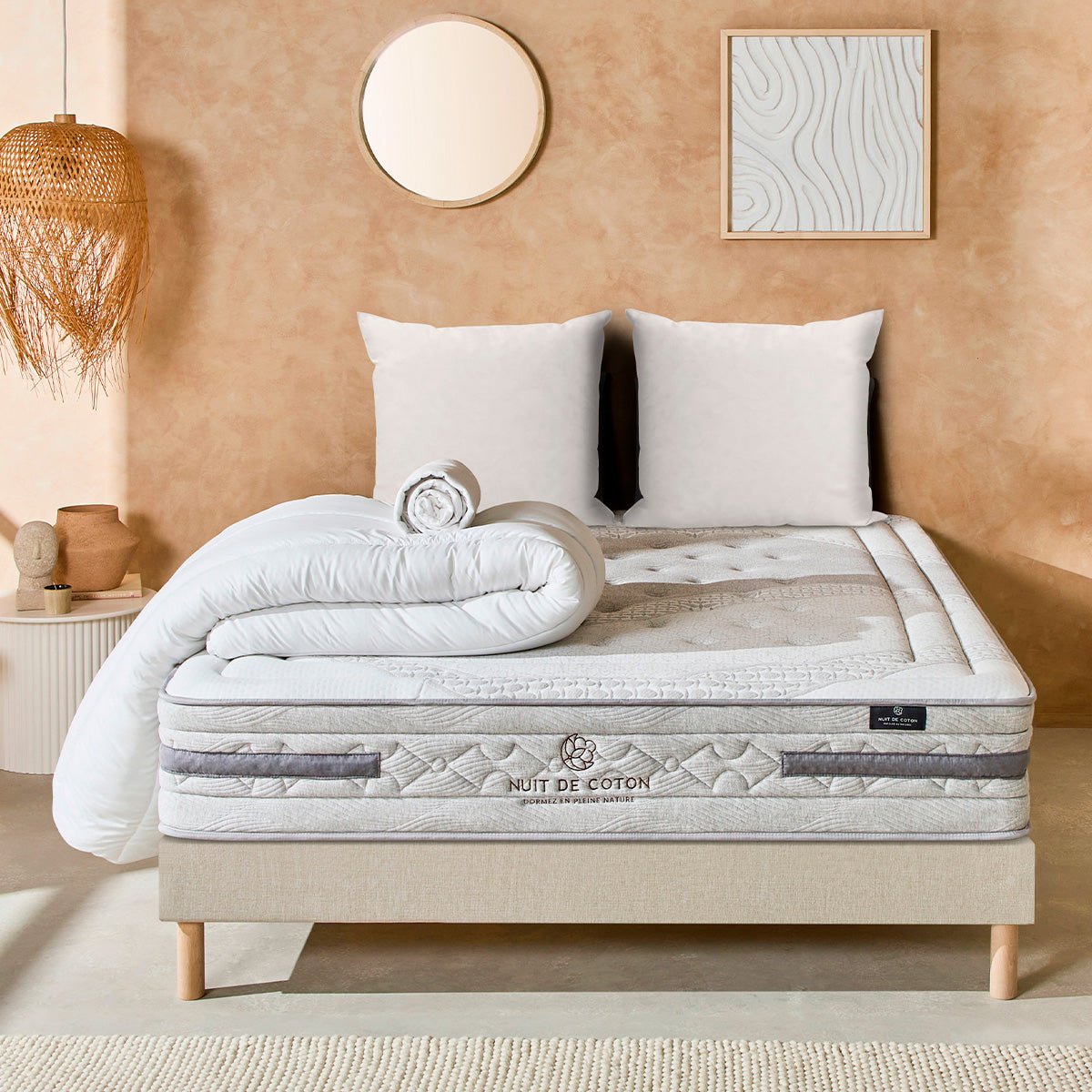 Pack Sérénade 140x200 cm Matelas Ressorts ensachés + Sommier Bois + Accessoires beige, BELLECOUR