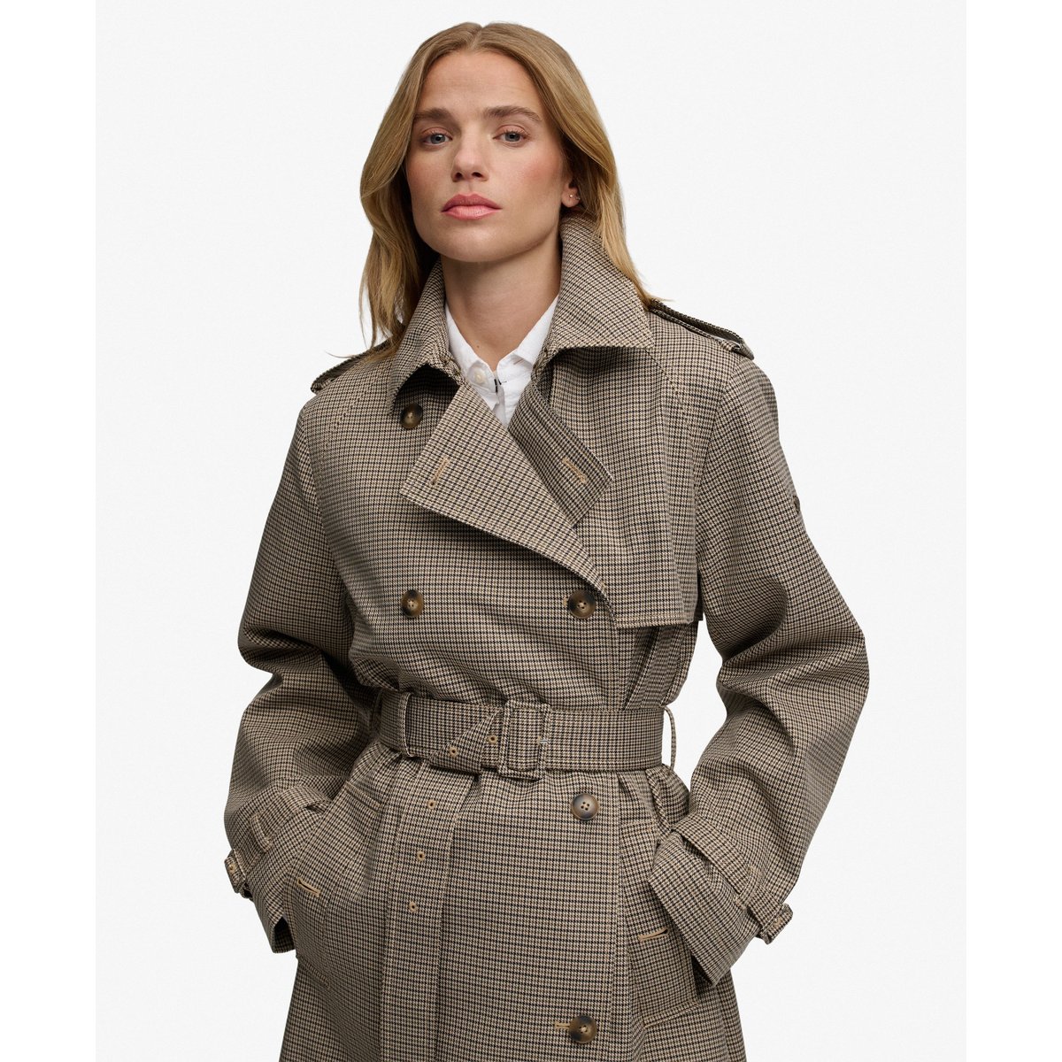 Trench-coat à micro-carreaux pied-de-poule brun micro, SUPERDRY