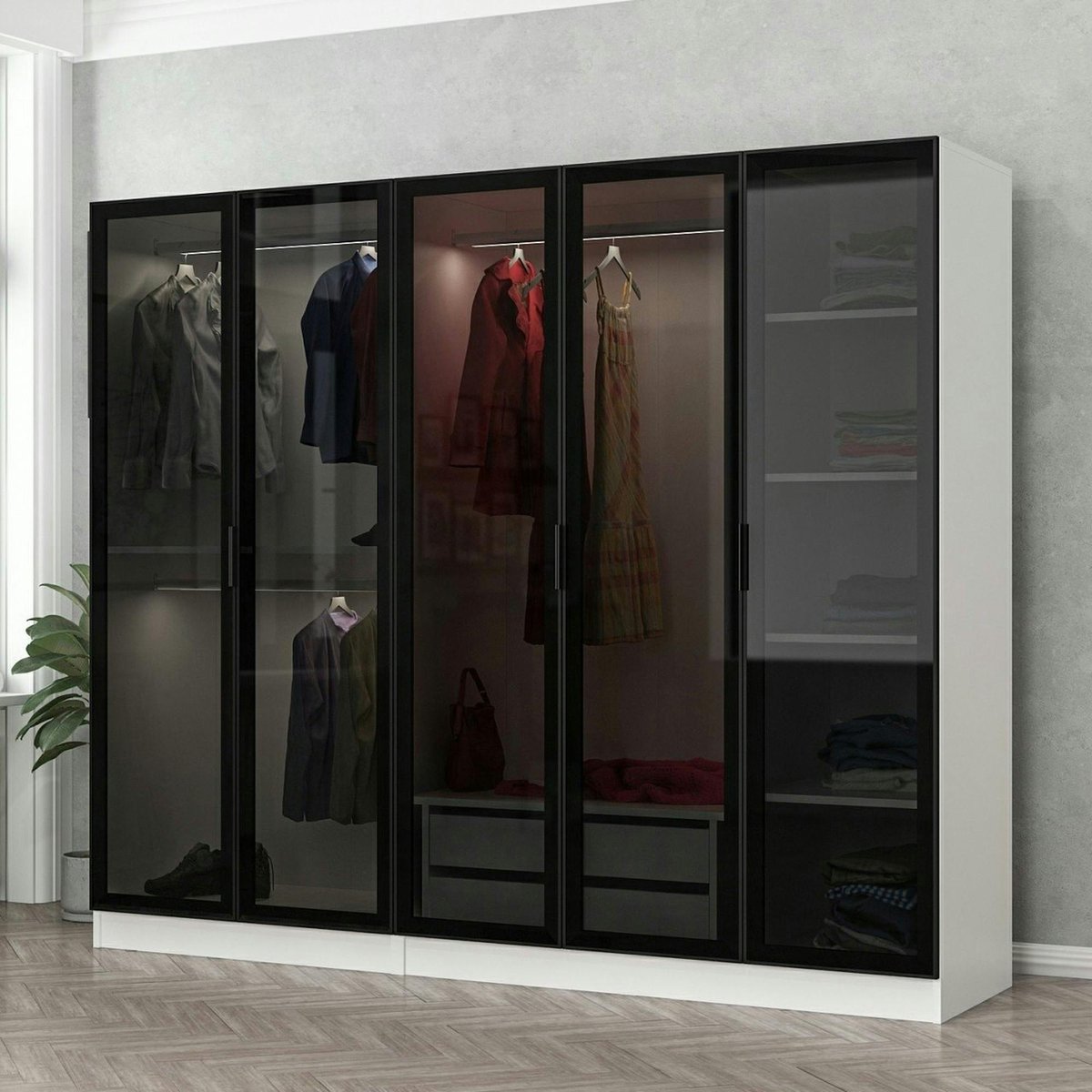Armoire dressing design blanc 5 portes verre H 210 cm BYRON blanc, PIER IMPORT