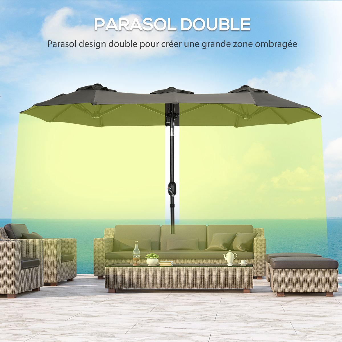 Parasol de jardin XL manivelle acier polyester haute densité gris, OUTSUNNY