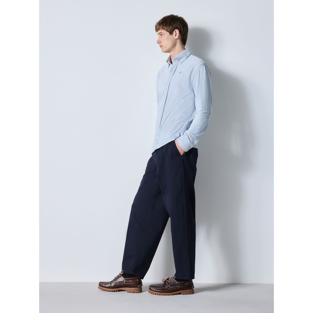 Chemise standard en piqué à manches longues rayures bleues, NEXT
