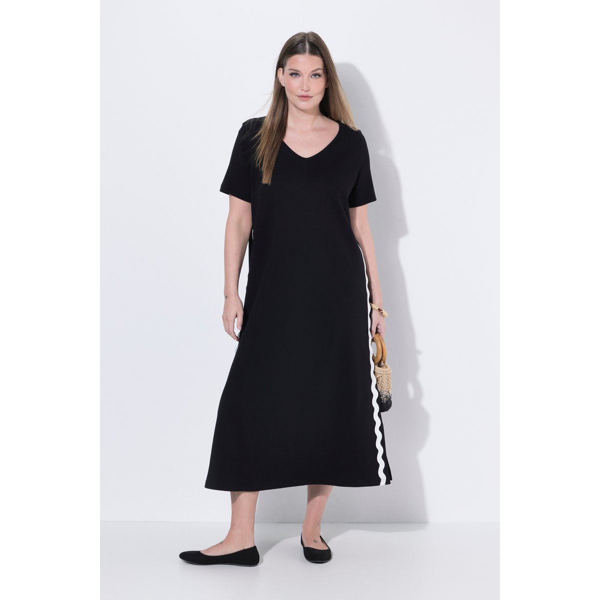 Robe maxi en coton bio, bandes fantaisie noir, ULLA POPKEN