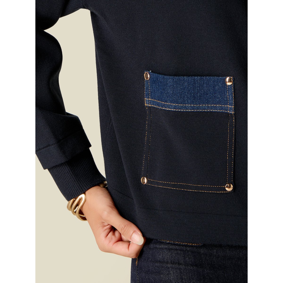Pull avec zip, capuche et détails en denim bleu, OLTRE