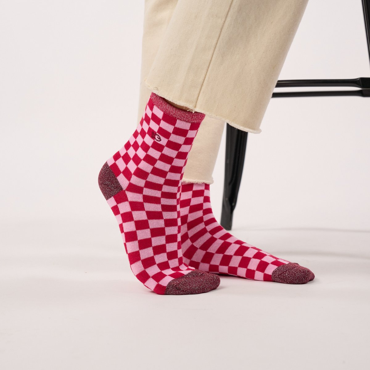 Chaussettes en coton peigné CARREAUX rouge et rose, BILLYBELT
