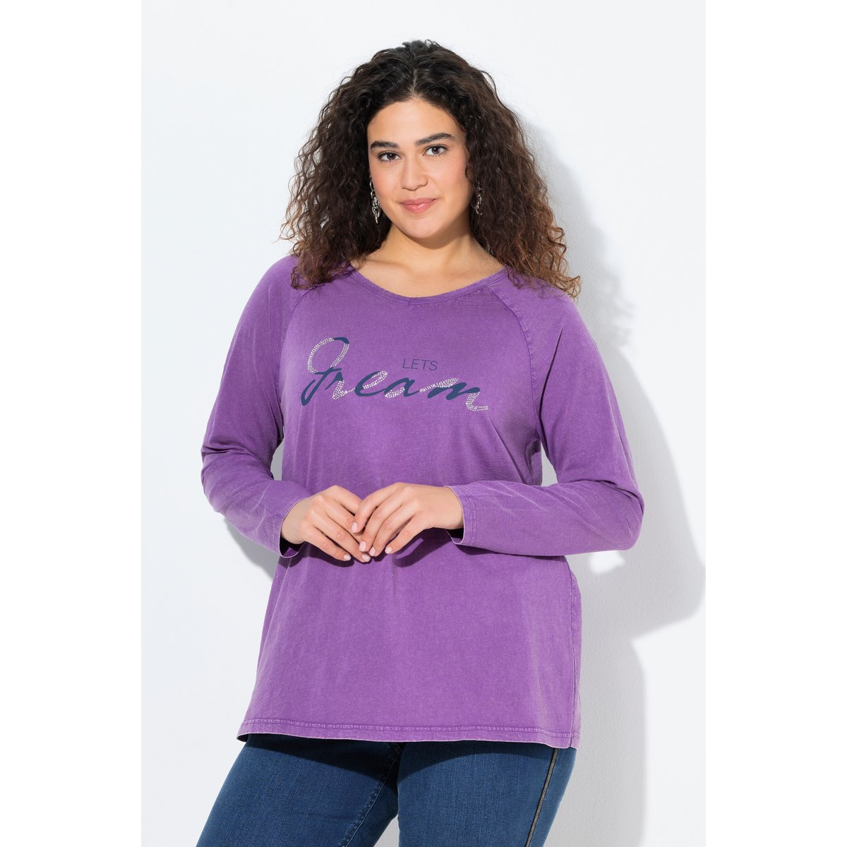 T-shirt évasé à col en V et manches longues prune clair, ULLA POPKEN