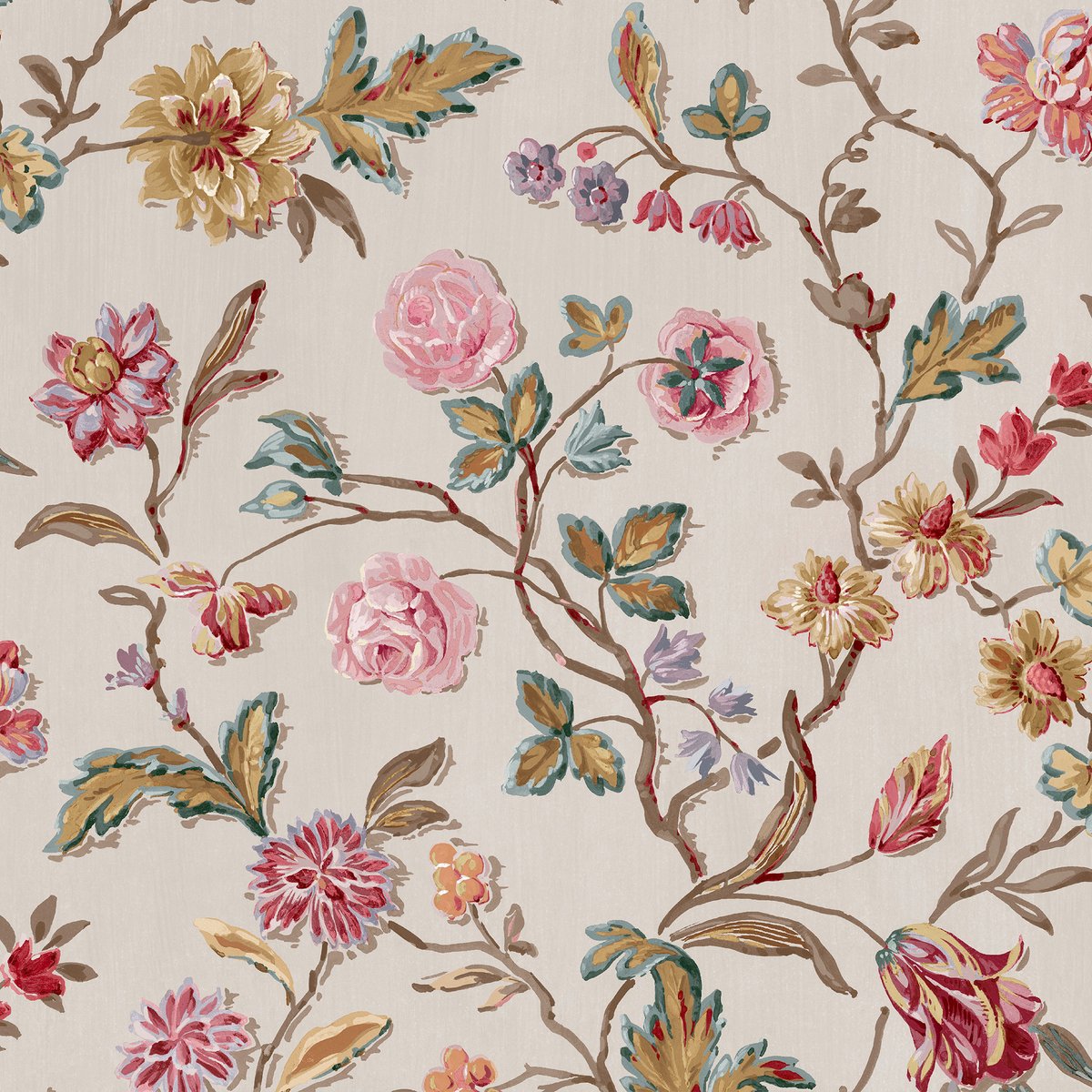 Papier peint Tulipes, roses et fleurs de jardin Lingmell Trail multicolore sur fond crème, LAURA ASHLEY