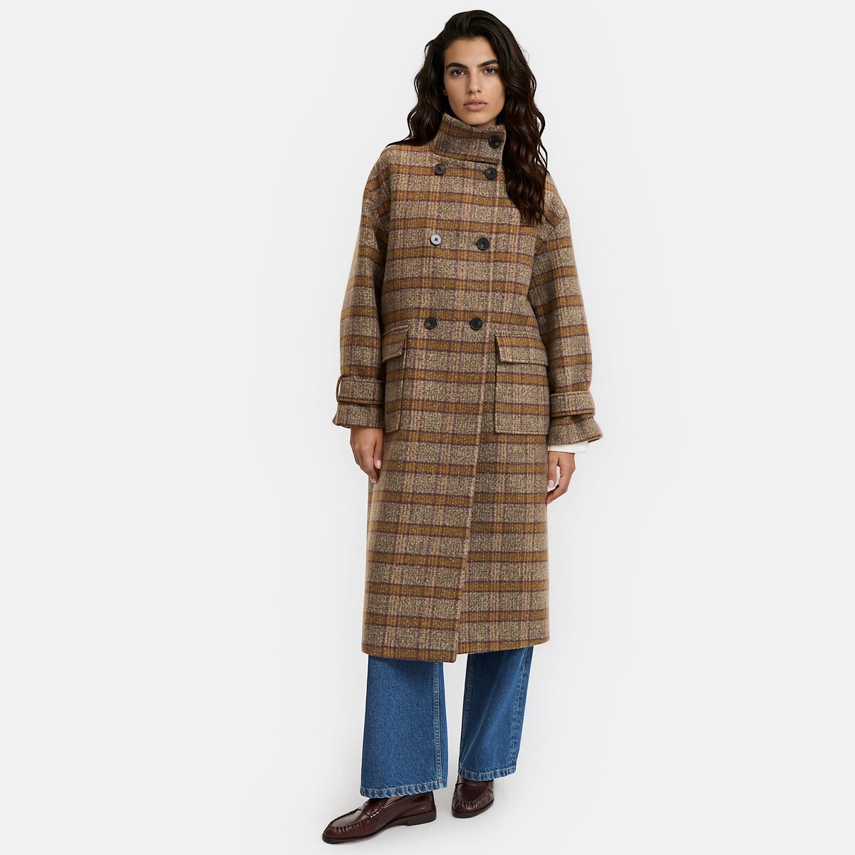 Manteau à carreaux col montant, en laine, double boutonnage carreaux brun, LA REDOUTE COLLECTIONS