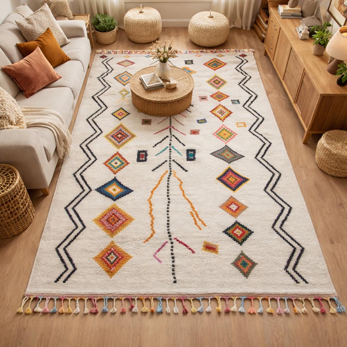 Tapis berbère tissé motif ethnic LYN5 OURIKA E ivoire, UN AMOUR DE TAPIS