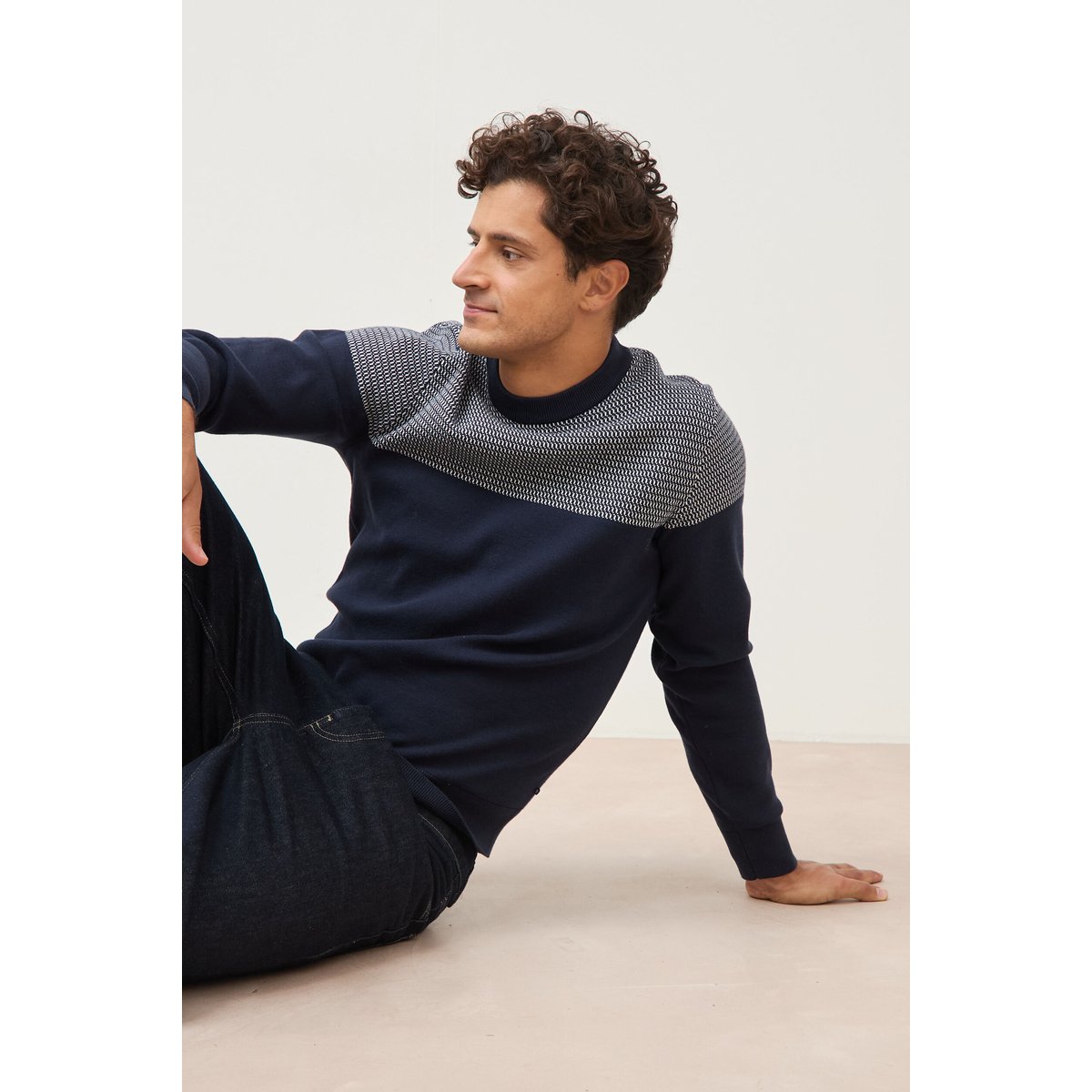 Pull droit fin col rond manches longues bleu marine, BONOBO